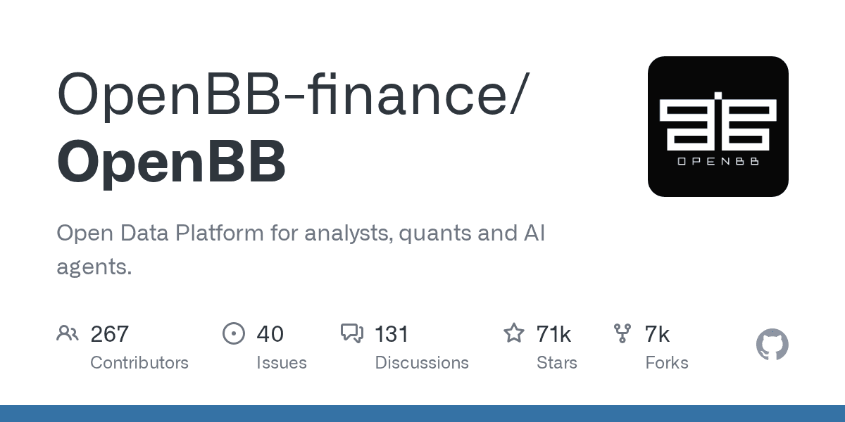 OpenBB GitHub repository card, an open-source investment research platform with 70k stars