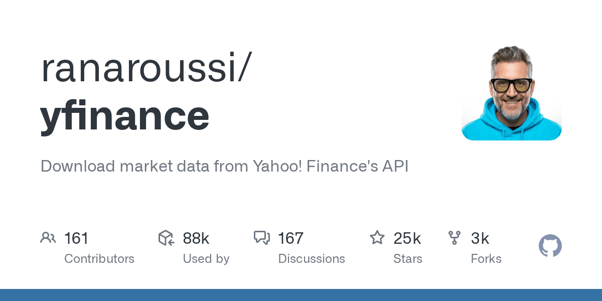 yfinance GitHub repository card, a Python library for downloading Yahoo Finance market data