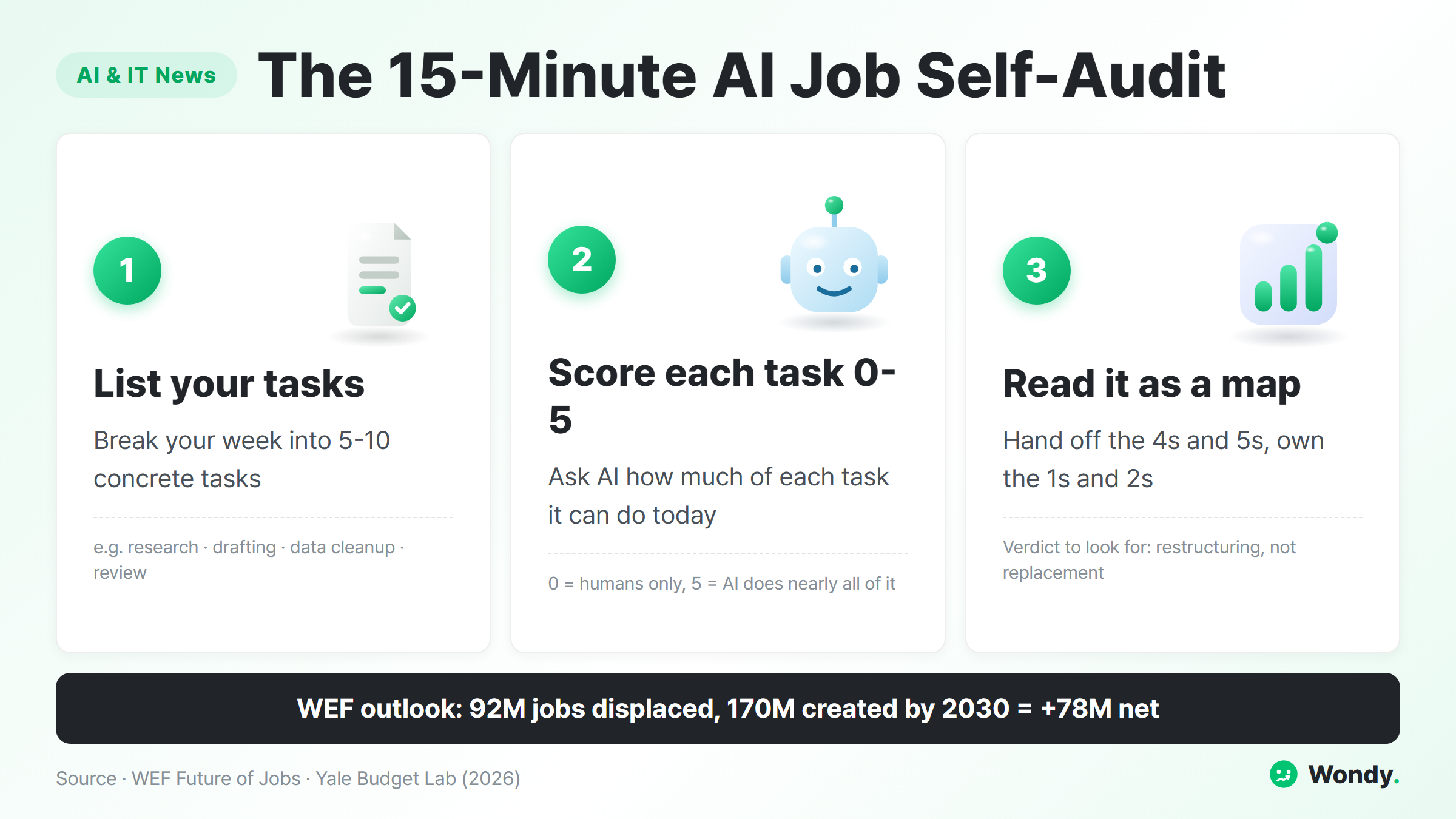 15-minute AI job self-audit infographic — list your week as 5-10 tasks, score each 0-5 for AI exposure, hand off the 4s and 5s and own the 1s and 2s; WEF projects 92M jobs displaced and 170M created by 2030 for a net gain of 78 million